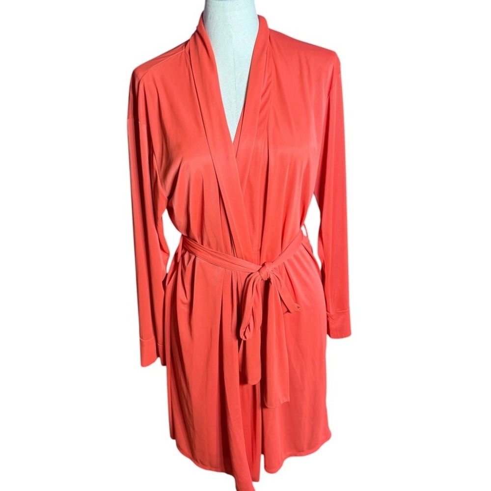 Natori Coral Orange Wrap Robe Long Sleeve Belted Short Defect Hole SZ L